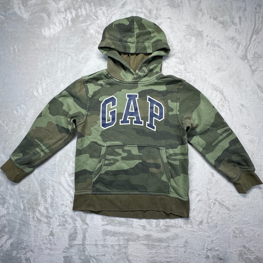 Gap Boys Medium 8-9 Green Camo Hoodie Arch Logo Cotton Sweatshirt Casual